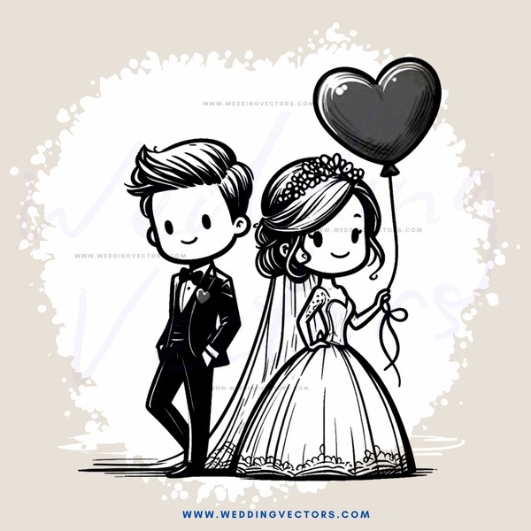 wedding bride and groom pose for picture with heart balloon in background