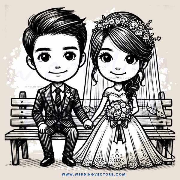 a bride and groom sitting on a bench