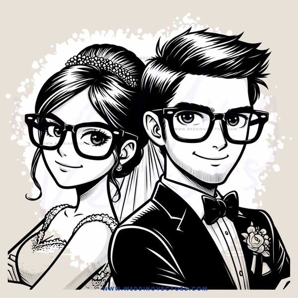 a bride and groom with glasses, drawn in black and white