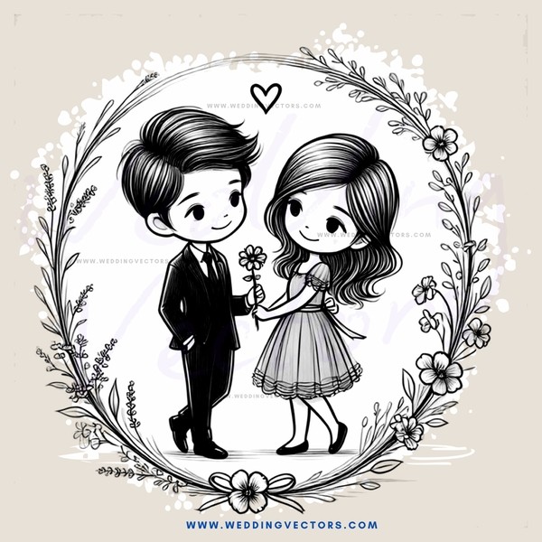 a boy and girl holding flowers within a wreath