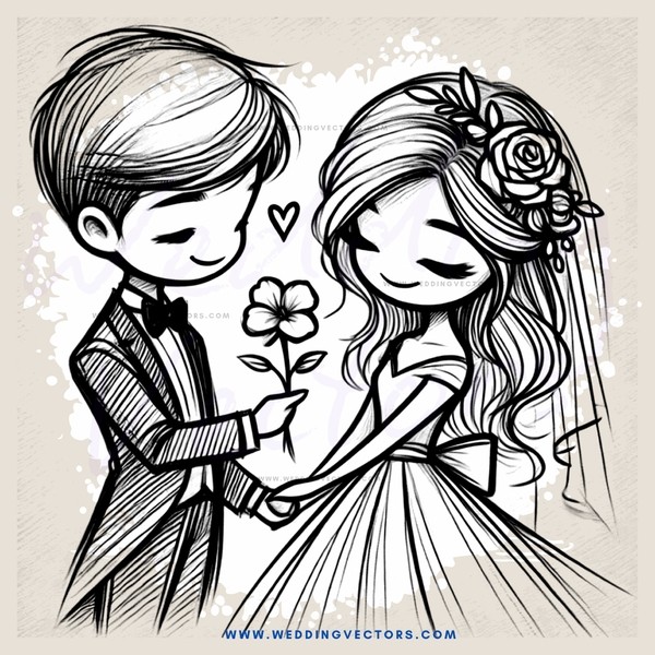 a couple holding flowers and posing for a picture