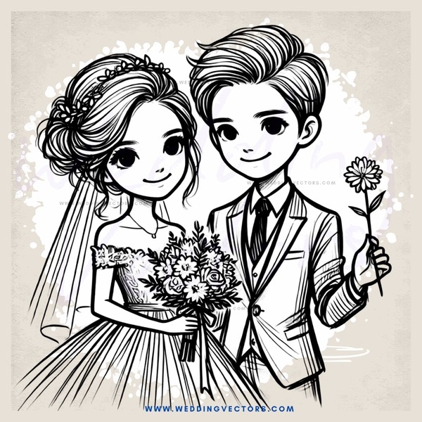 a bride and groom holding flowers