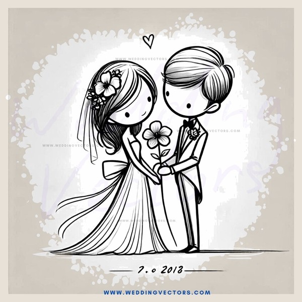 wedding couple holding flowers and flower garland in cartoon drawing