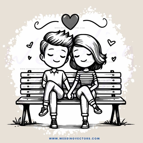 a boy and girl on a bench with an heart above them