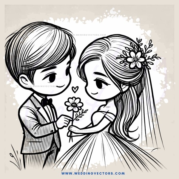 the bride and groom holding flowers
