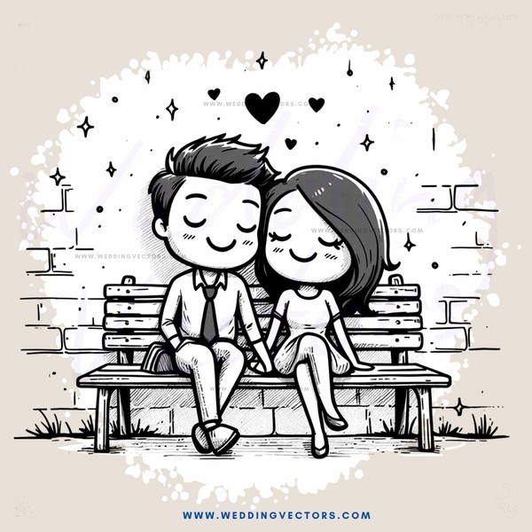a couple sitting on a bench with hearts above them