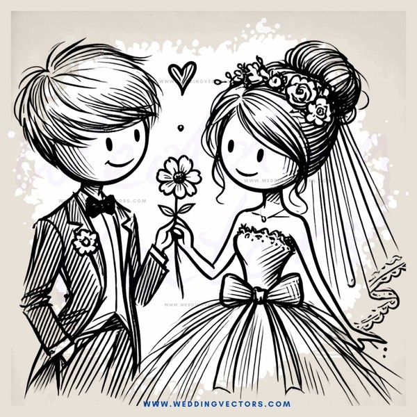 a bride and groom with flowers