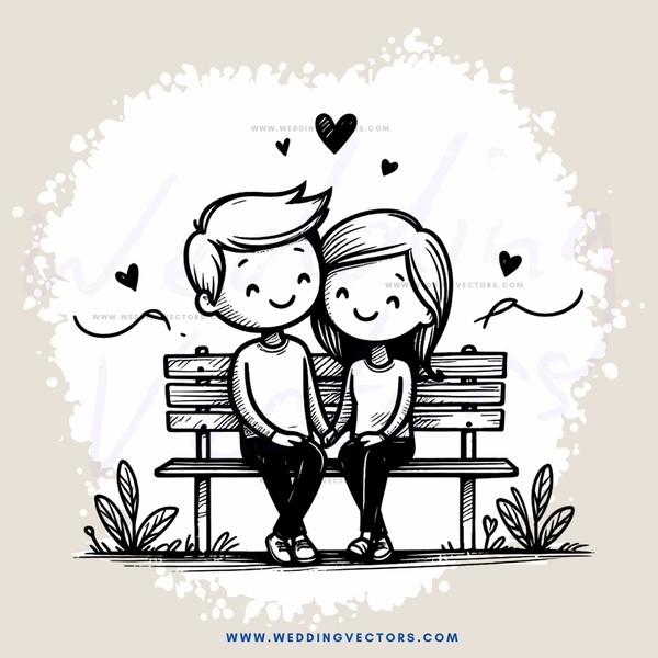 a couple sitting on a bench with hearts in the air