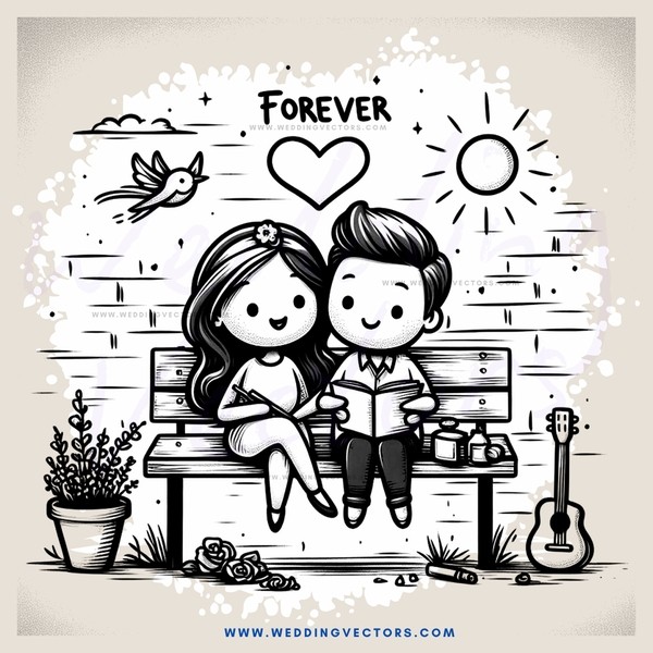 a couple sitting on a bench with a guitar and potted plant nearby