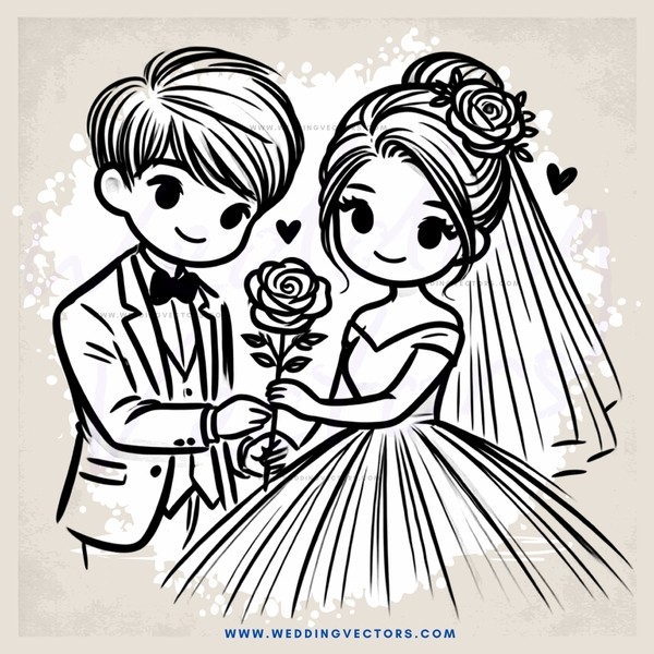 a bride and groom holding roses