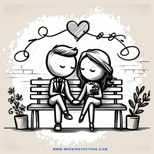 a couple sitting on a bench with hearts above their heads