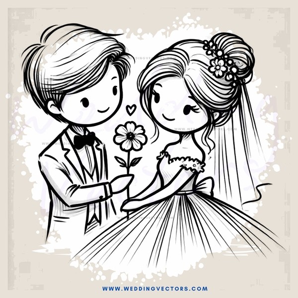 a bride and groom with flower