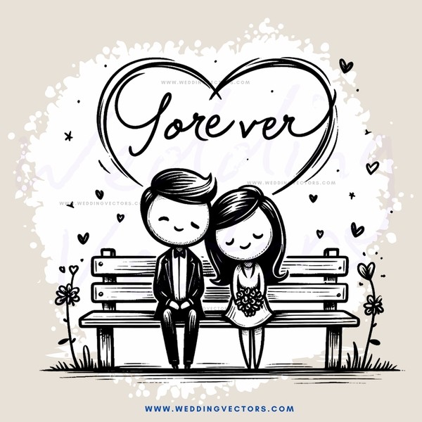 couple sits on bench in front of 'forever' sign