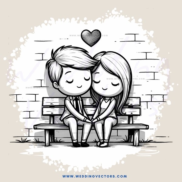 couple sitting on bench with heart in top corner