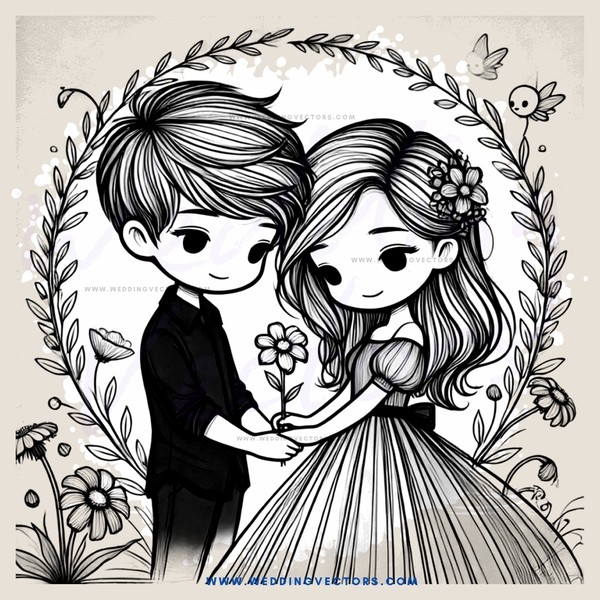 a boy and girl hugging together in front of flowers