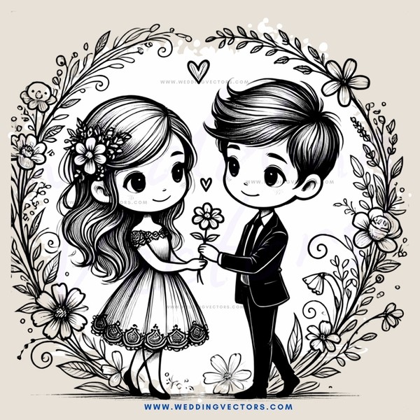 a boy and girl standing together with flowers
