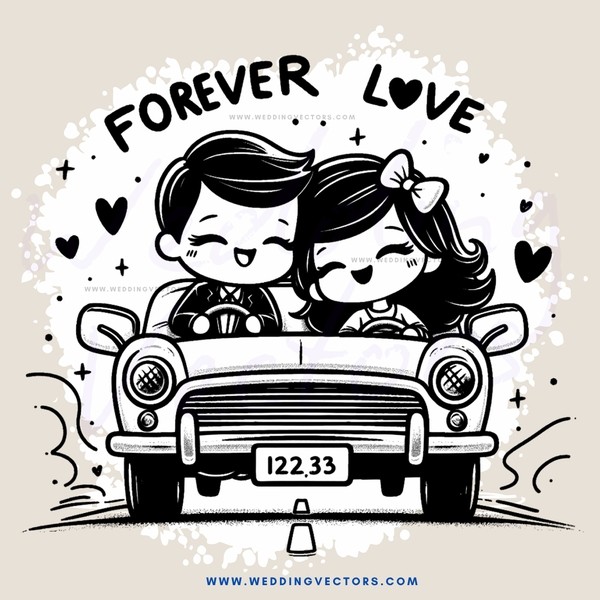 a couple in a car with the license plate "123 38" and hearts floating around them