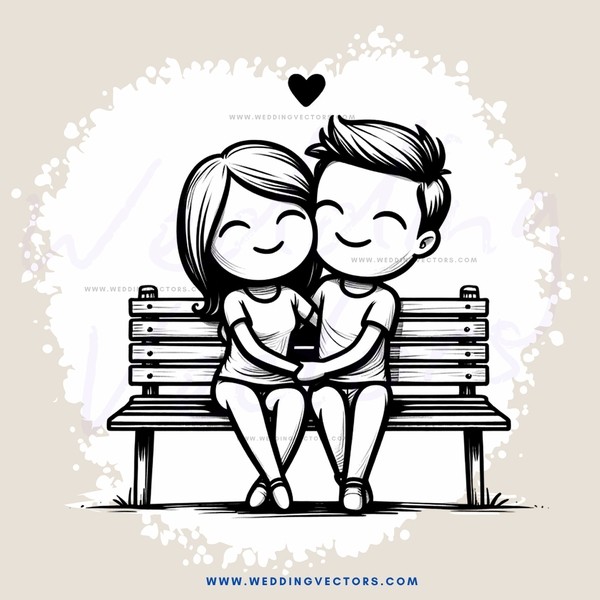 couple sitting on bench with hearts and smiles