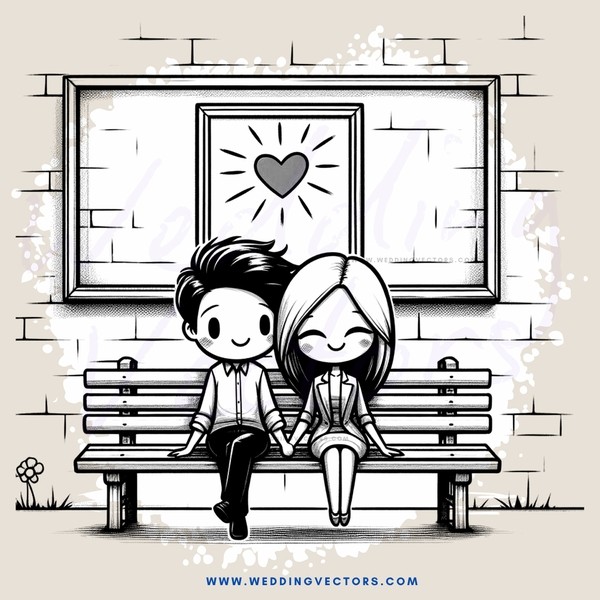 a boy and girl sitting on a bench with an empty frame behind them