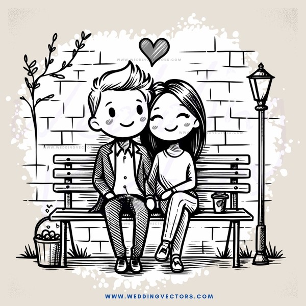 a couple sitting on a bench with a heart over their head