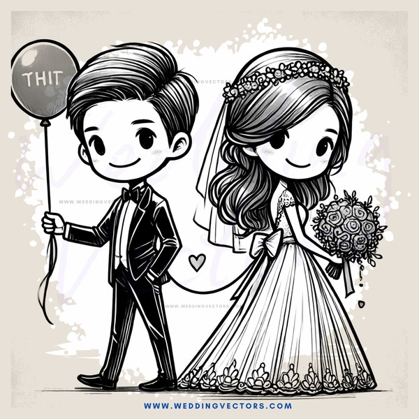 a bride and groom holding balloons