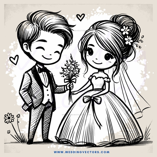 a wedding illustration in black and white