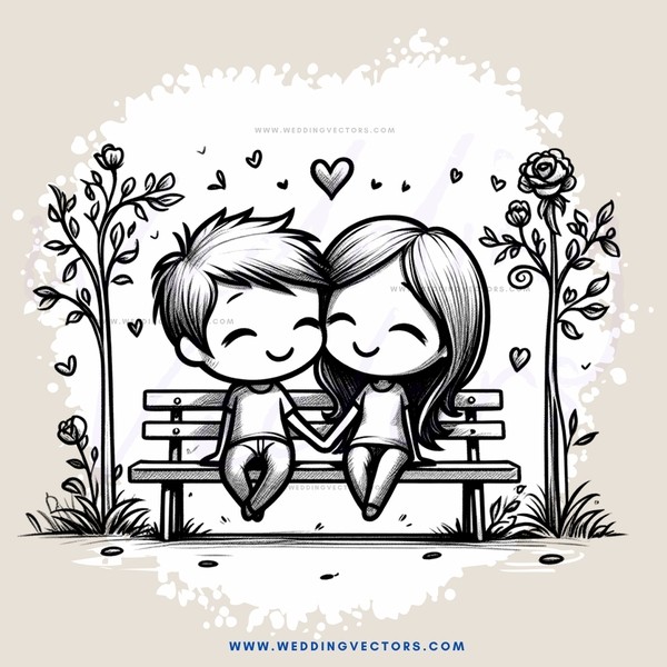 lovers on a bench with trees and flowers