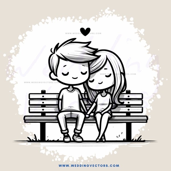 couple sitting on bench with heart symbol over their heads