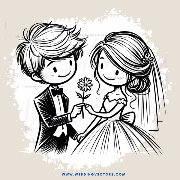 a bride and groom exchanging flowers