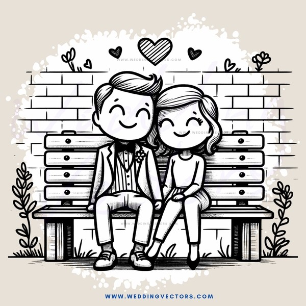 a couple sitting on a bench with hearts above their heads