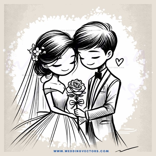 a wedding illustration with couple hugging and one has flowers in her hand