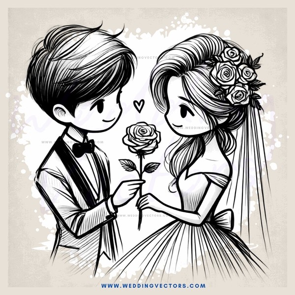the newlywed couple holding a rose