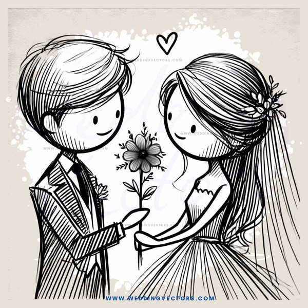 a bride and groom with flowers in their hands