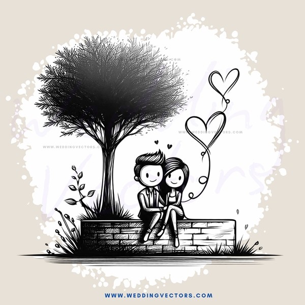 boy and girl sitting under tree with love hearts