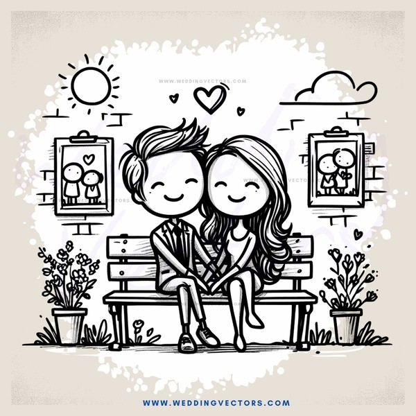 couple sitting on bench with potted plants and pictures