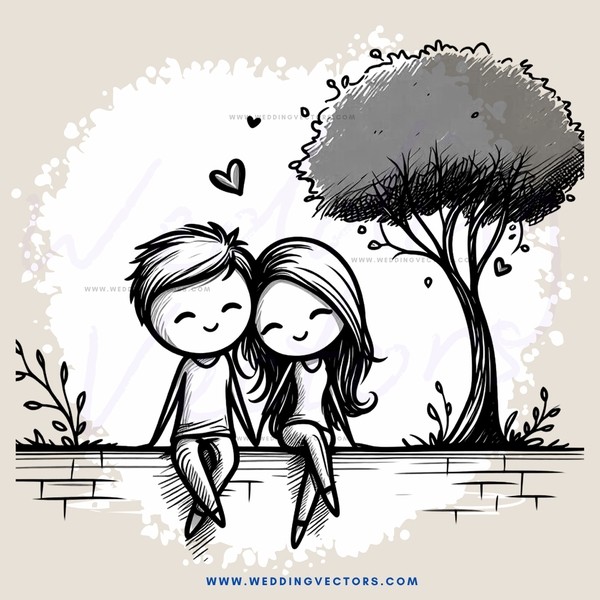 a couple sitting next to a tree with hearts and smiles