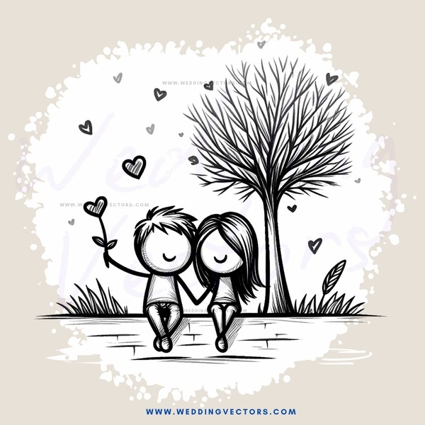 couple by tree with flowers and love hearts