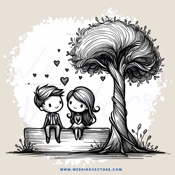 a couple sitting under a tree with hearts floating above them