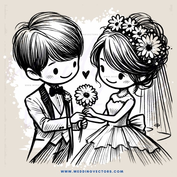 a bride & groom holding flowers and an 'i love you' sign