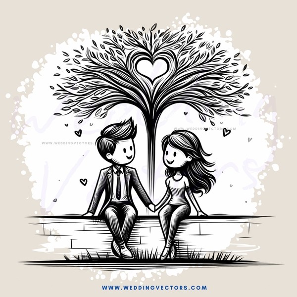 a couple sitting under a tree with hearts on it