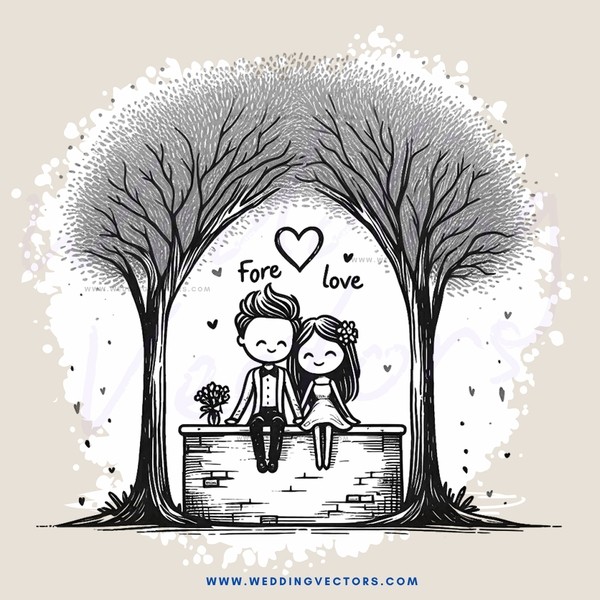 a couple sitting under an arched tree with a heart in the center