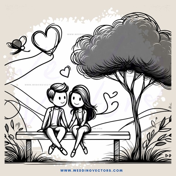 a couple sitting on a bench with trees and hearts in the background