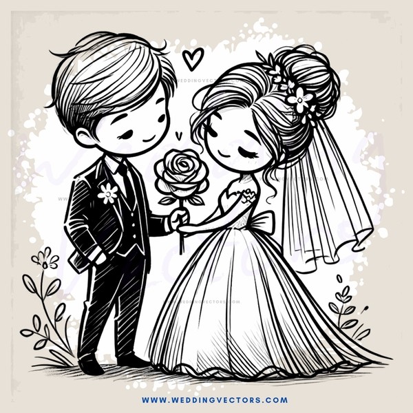 a bride and groom holding roses