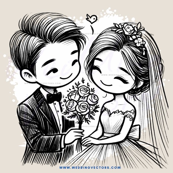 a bride and groom holding flowers
