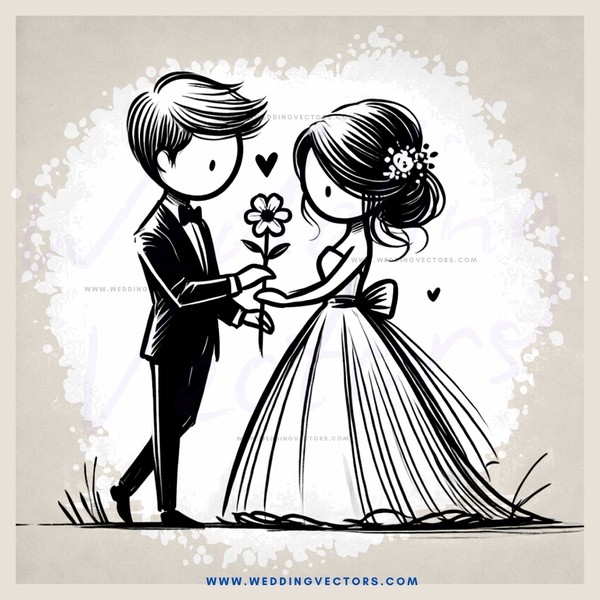 a couple exchanging flowers in black and white