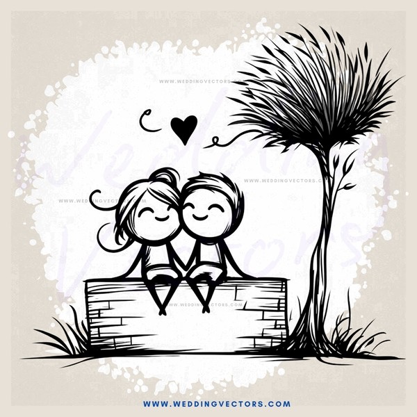 an illustration of two people sitting on a brick wall with a palm tree and heart in the background