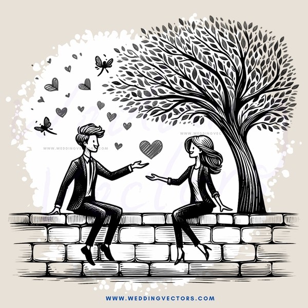 a couple sitting on a stone wall with a tree behind them