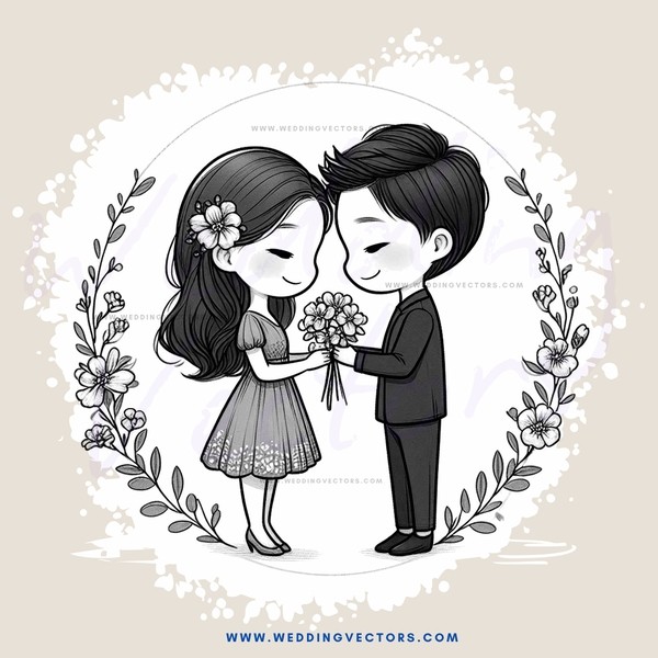 a couple holding flowers in an outline drawing