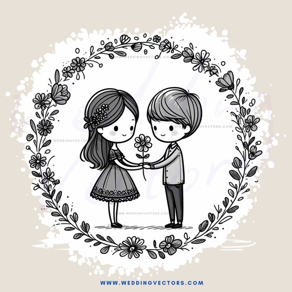 a couple holding flowers in an ornate frame