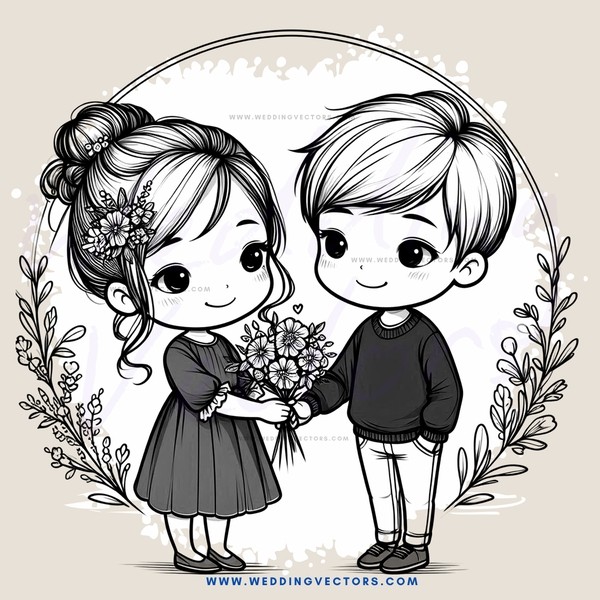 a boy and girl holding flowers with wings behind them